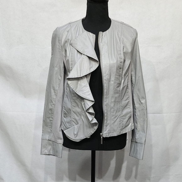 Kut from the Kloth Dahliana Grey Ruffle Faux Leather Moto Zip Up Jacket Sz S - Picture 1 of 9